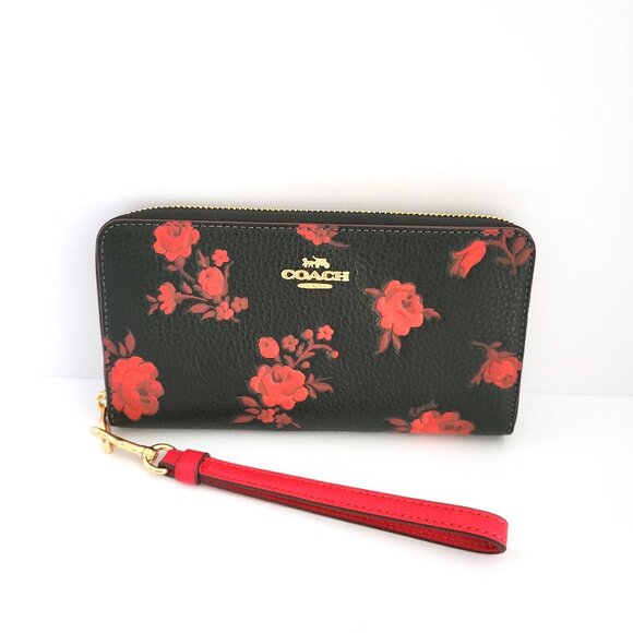 Coach CCL36 Long Zip Around Wallet Floral Print Pebbled Leather Black Red - Picture 1 of 7